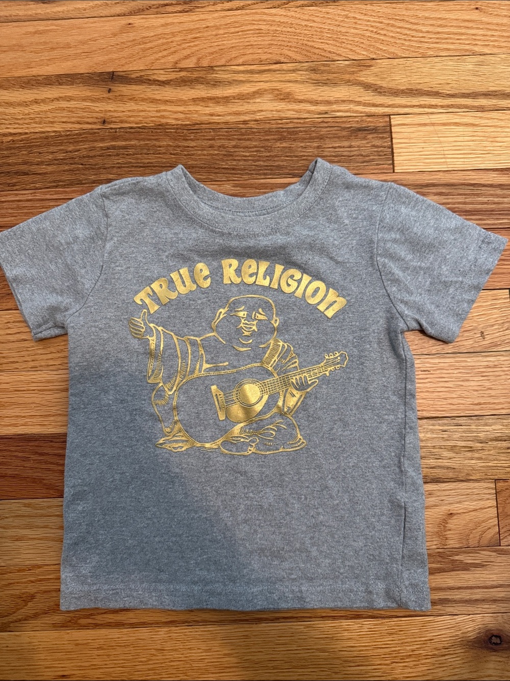 True Religion Gray Tee with Gold Graphic Buddha and Guitar